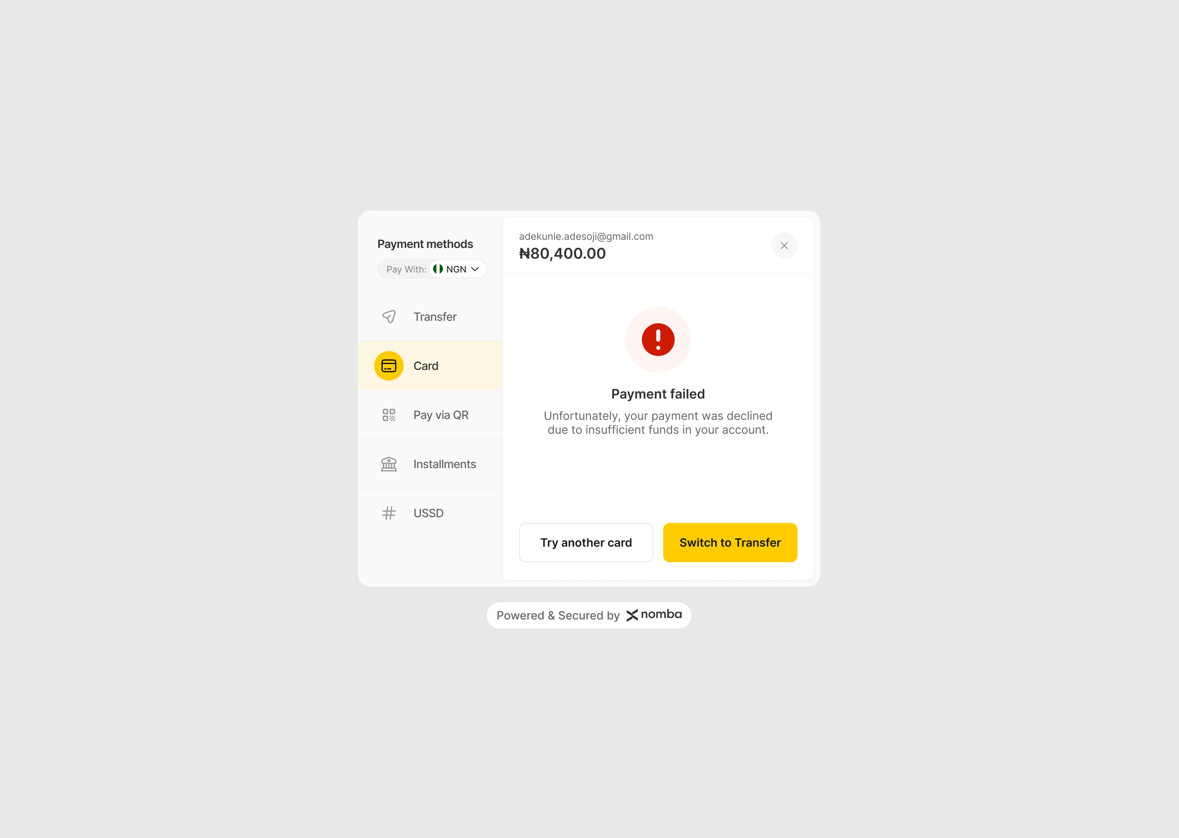 Failed card payment state