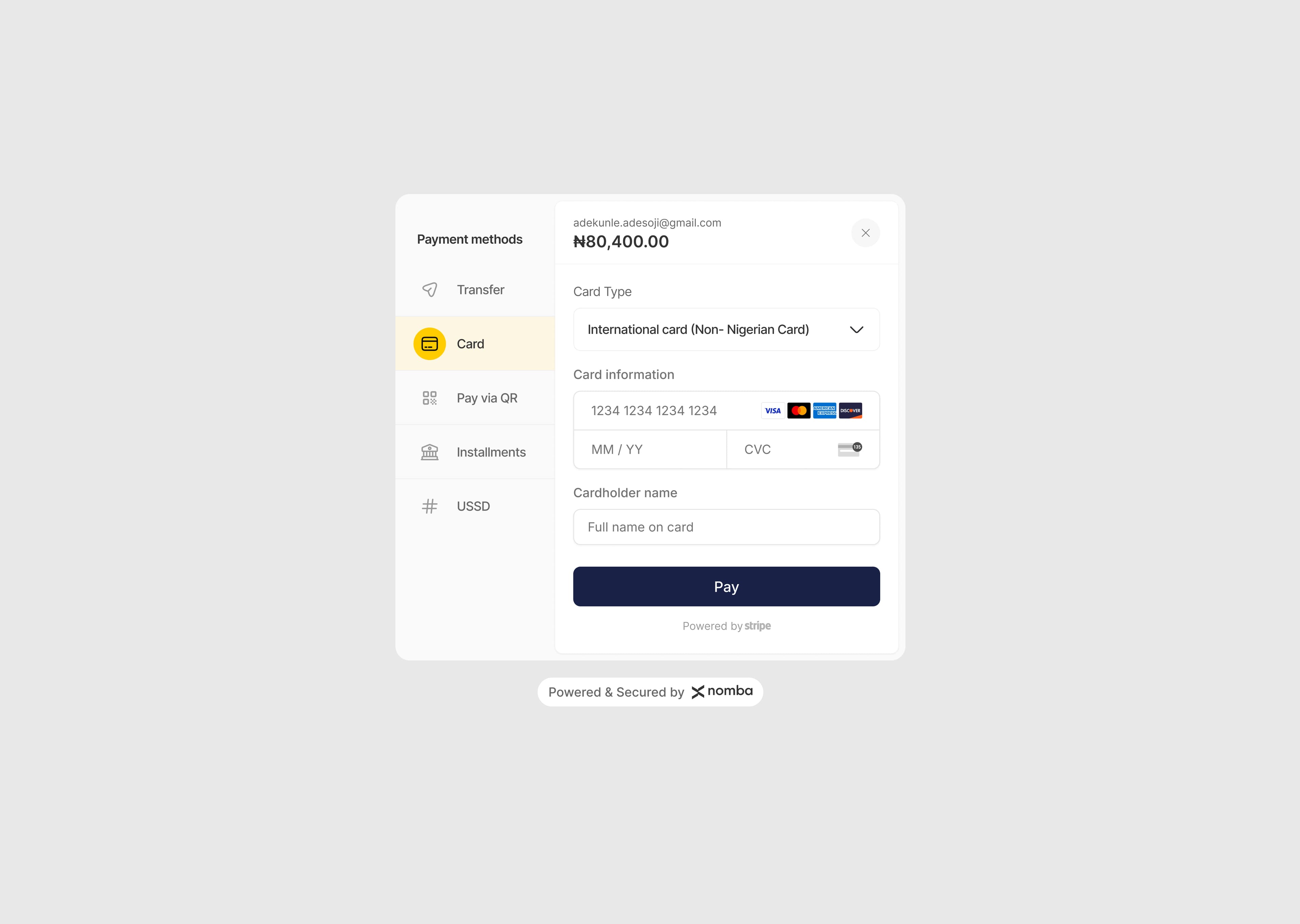 International card payment form