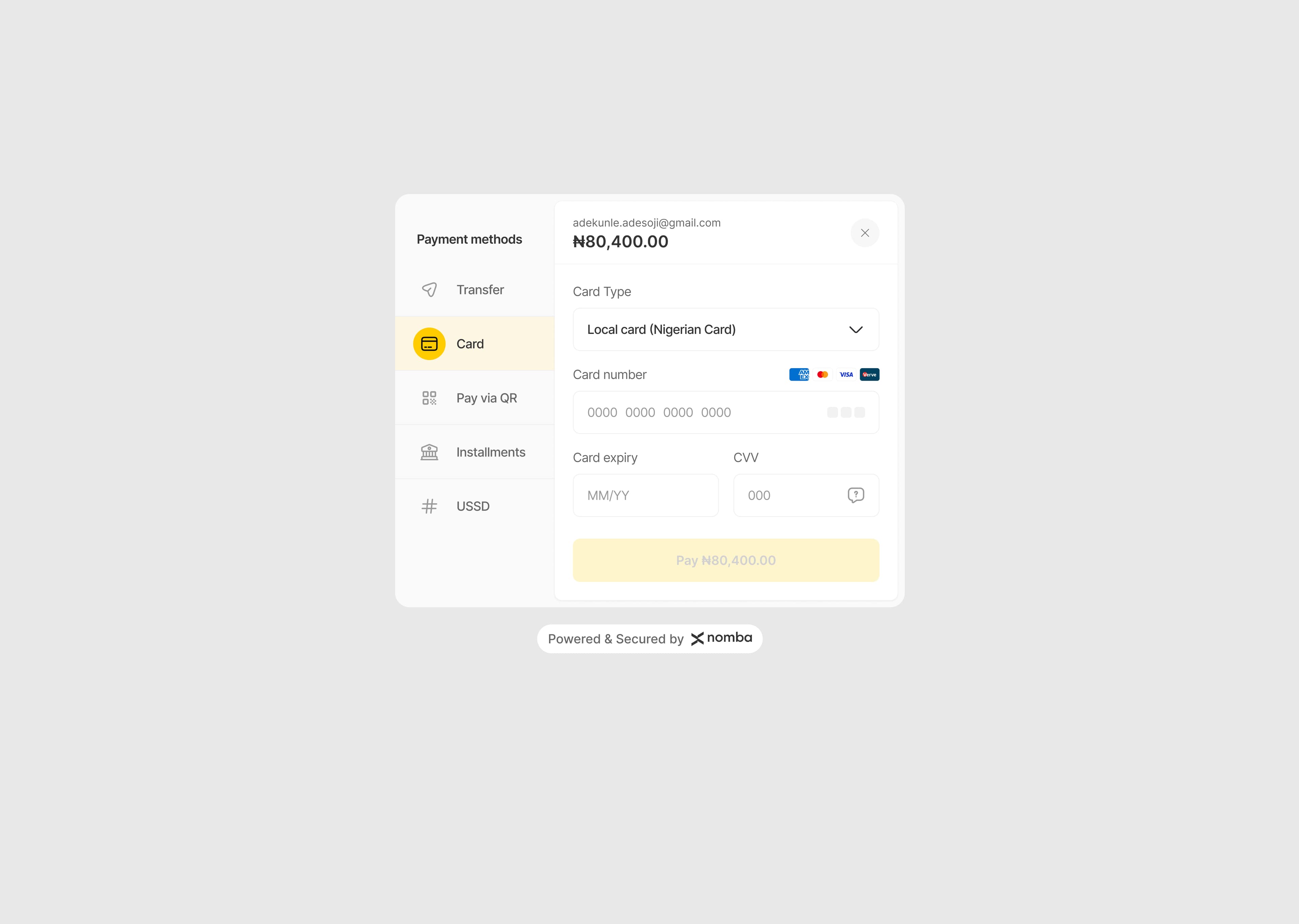 Local card payment form