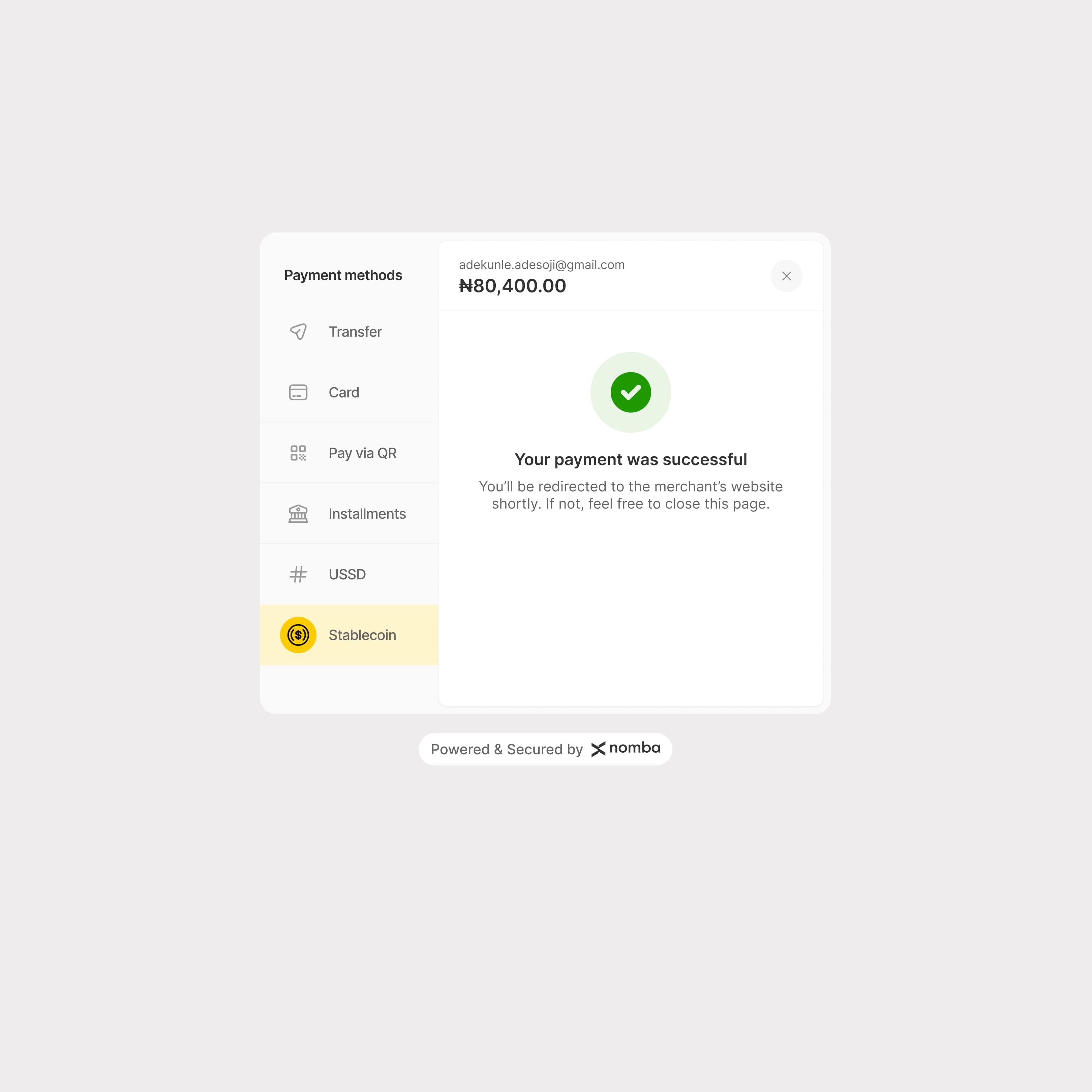 Successful stablecoin payment state