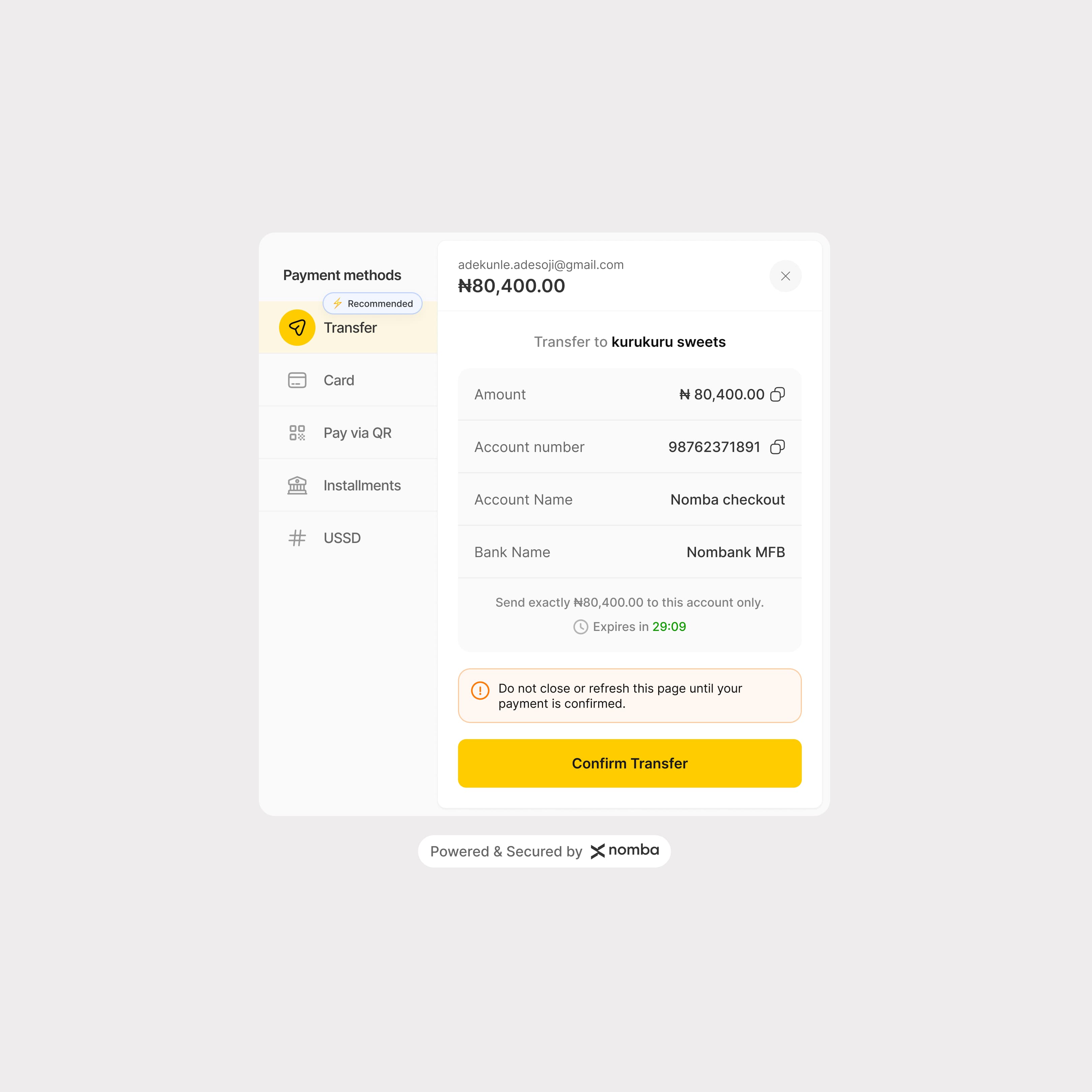 Bank transfer payment instructions