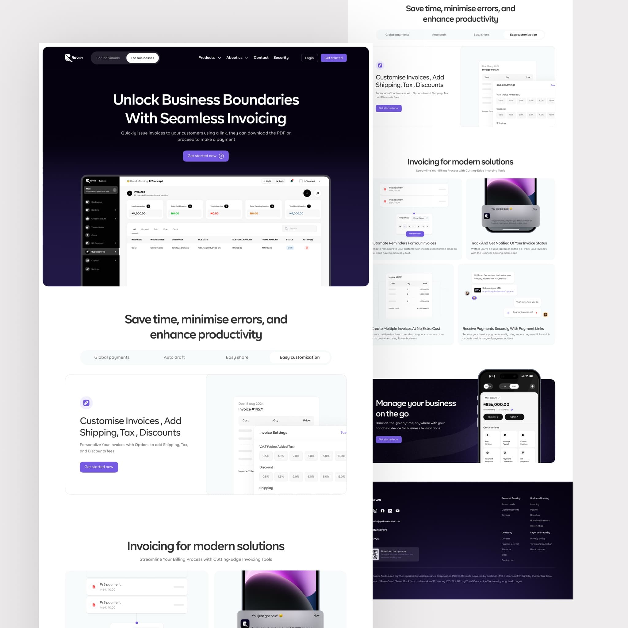 Invoicing page on the Raven Bank website
