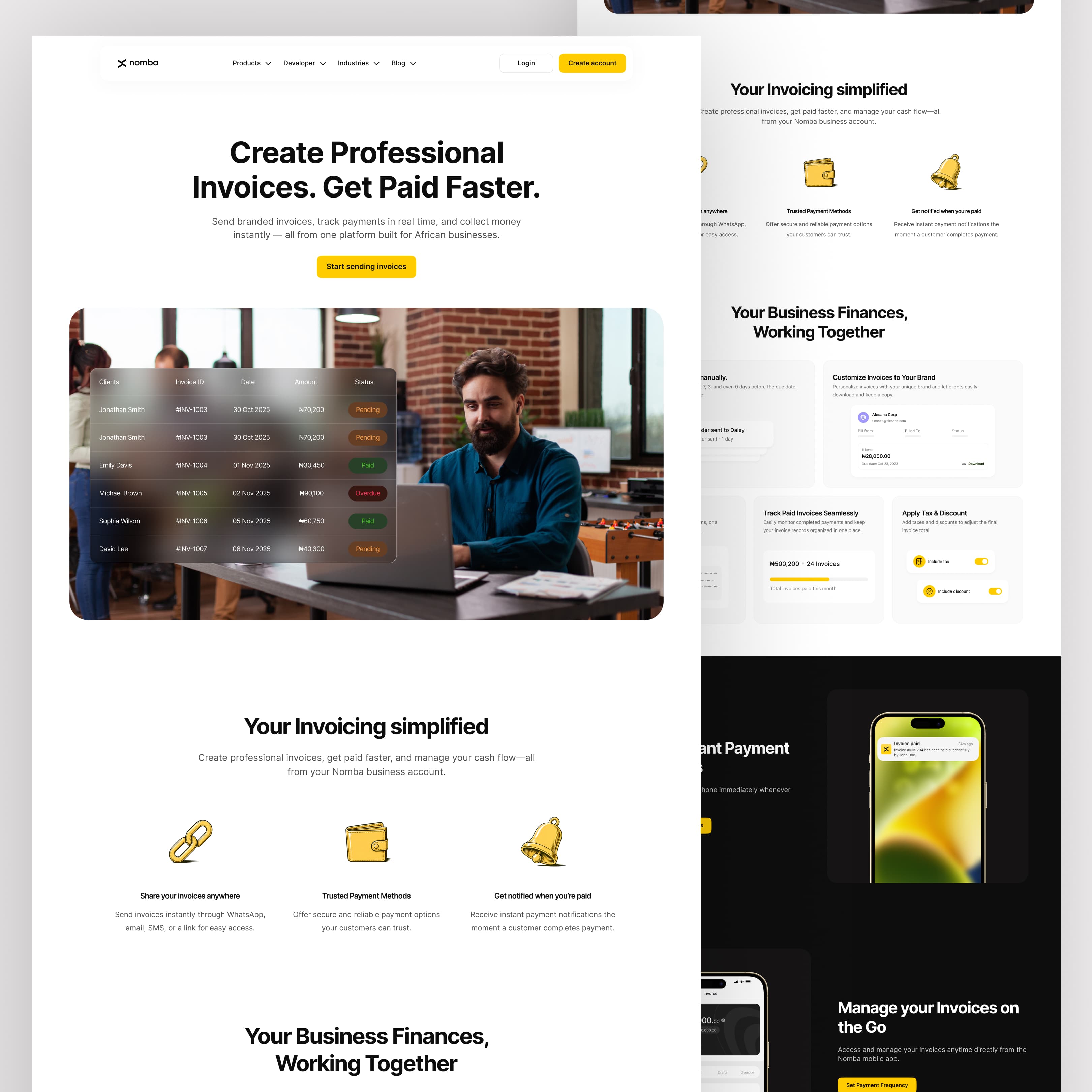 Invoicing and Blog page from the Nomba Website 2026 redesign