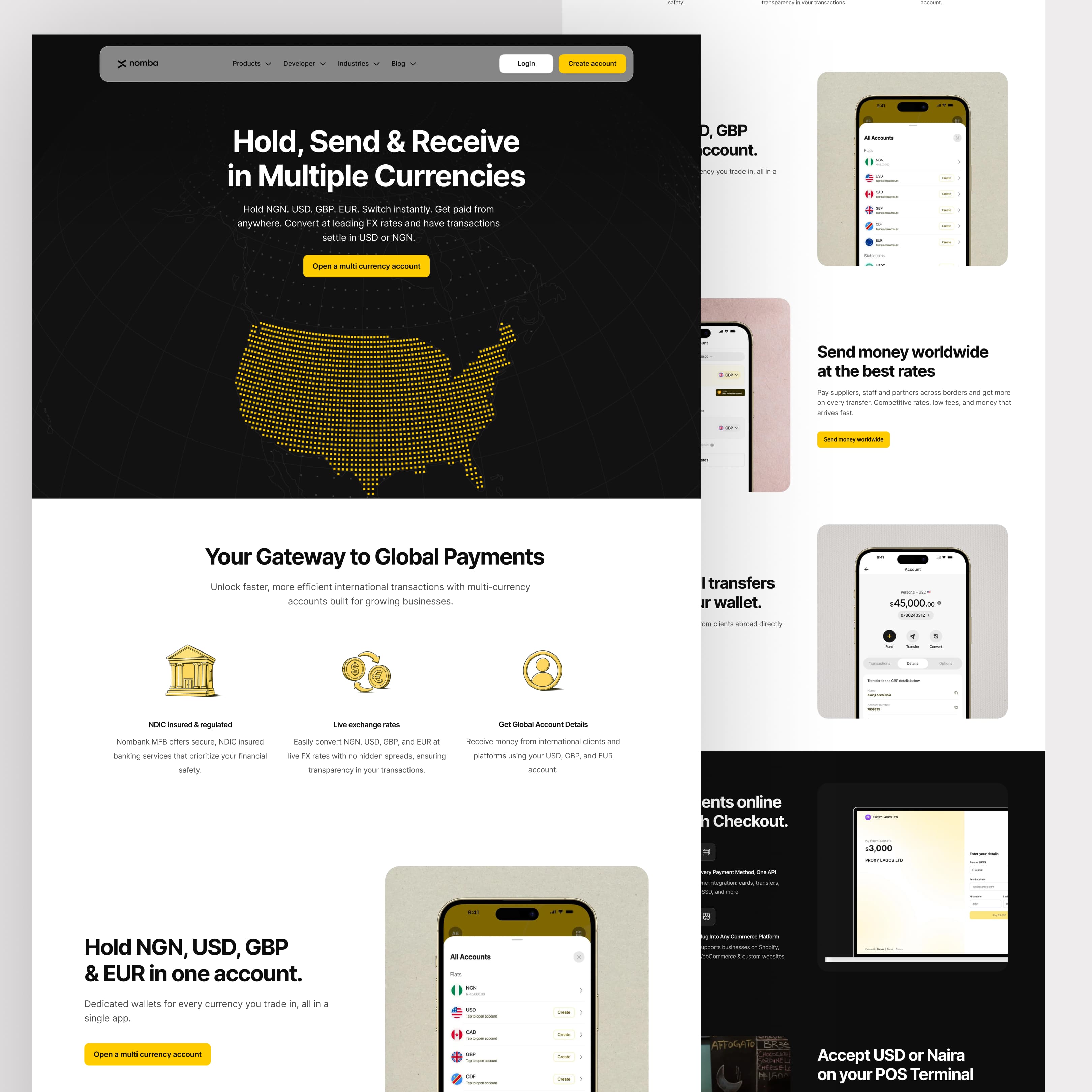 Multi-currency Account page from the Nomba Website 2026 redesign