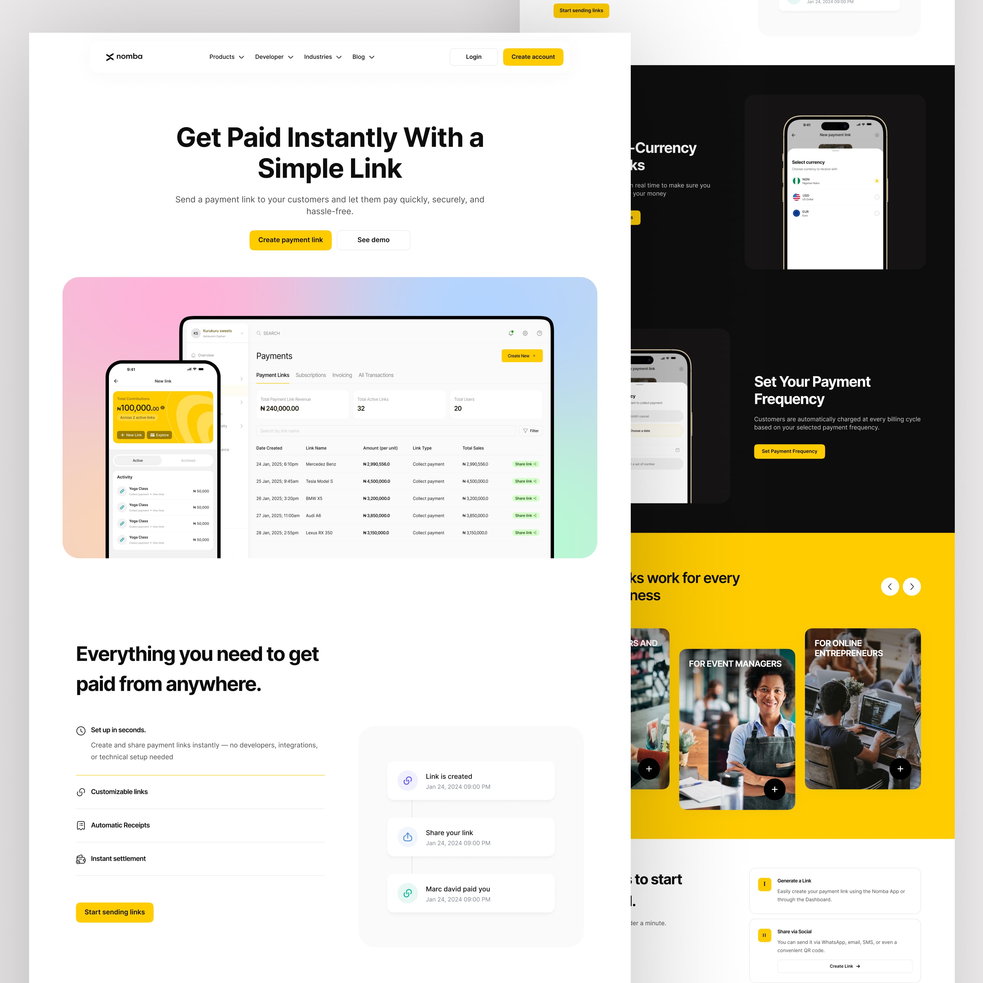 Payment Links page from the Nomba Website 2026 redesign
